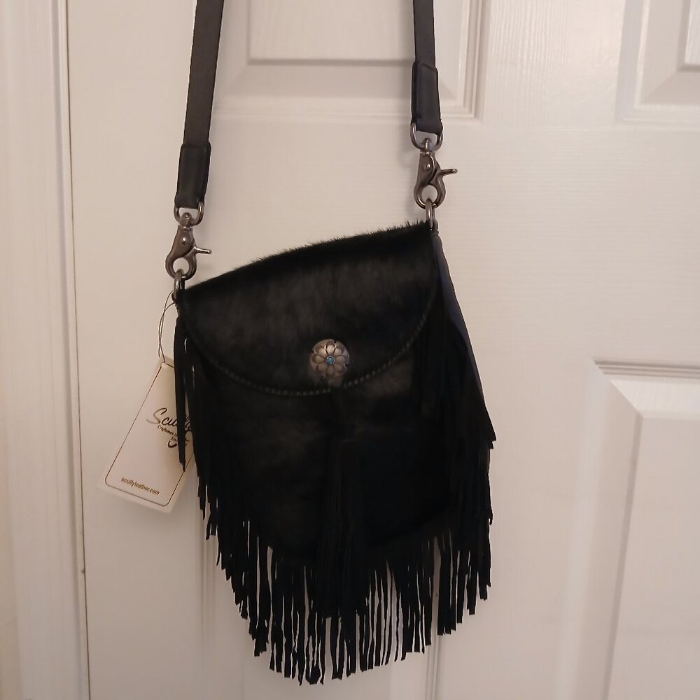 Scully hair on hide black leather fringe crossover bag purse nwt